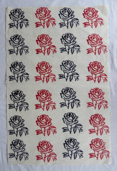 Roses block printed on Lokta Paper, Handmade, Tree-Free & Sustainable