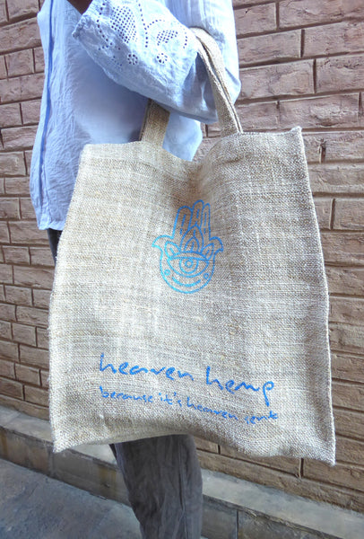 Bajura Hemp Tote Bag. Handprinted (hand of fatima)